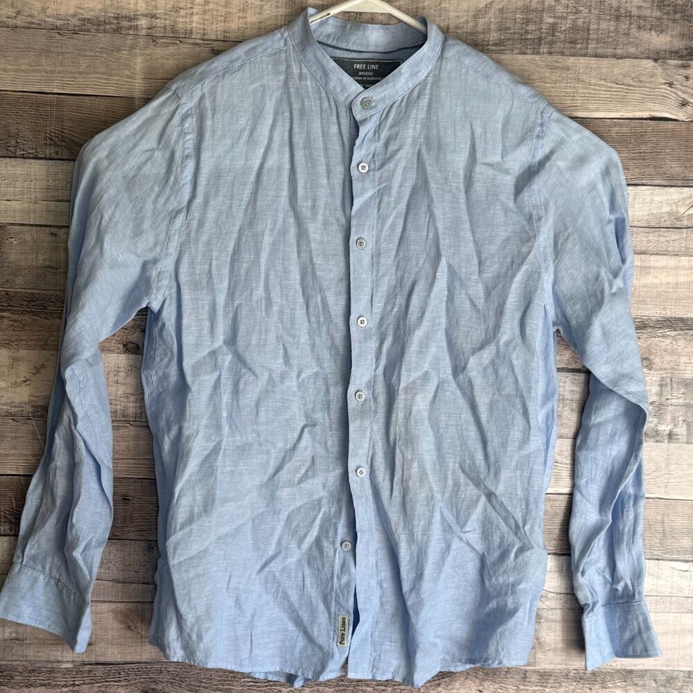 Free Line Athens Linen Shirt Mens Large Blue Button Up Long Sleeve Band Collar
